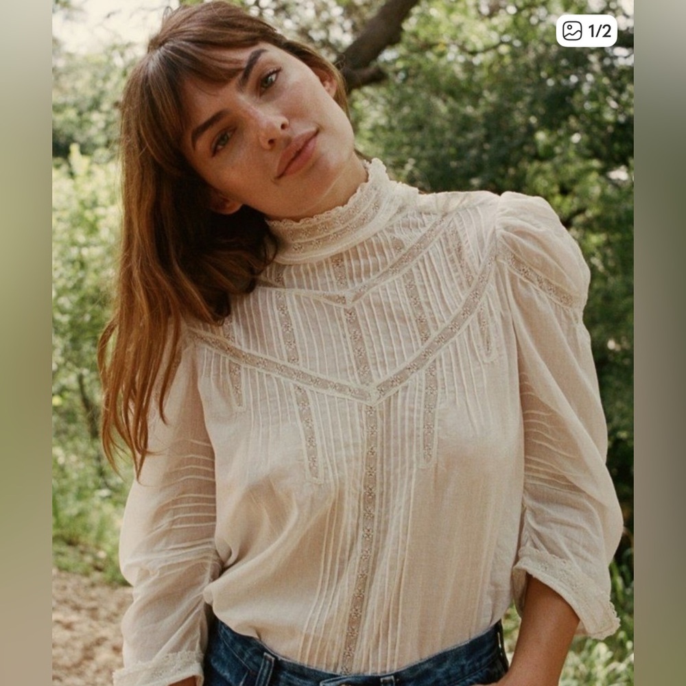 Doen Cream Albertine Lace High-Neck Blouse
